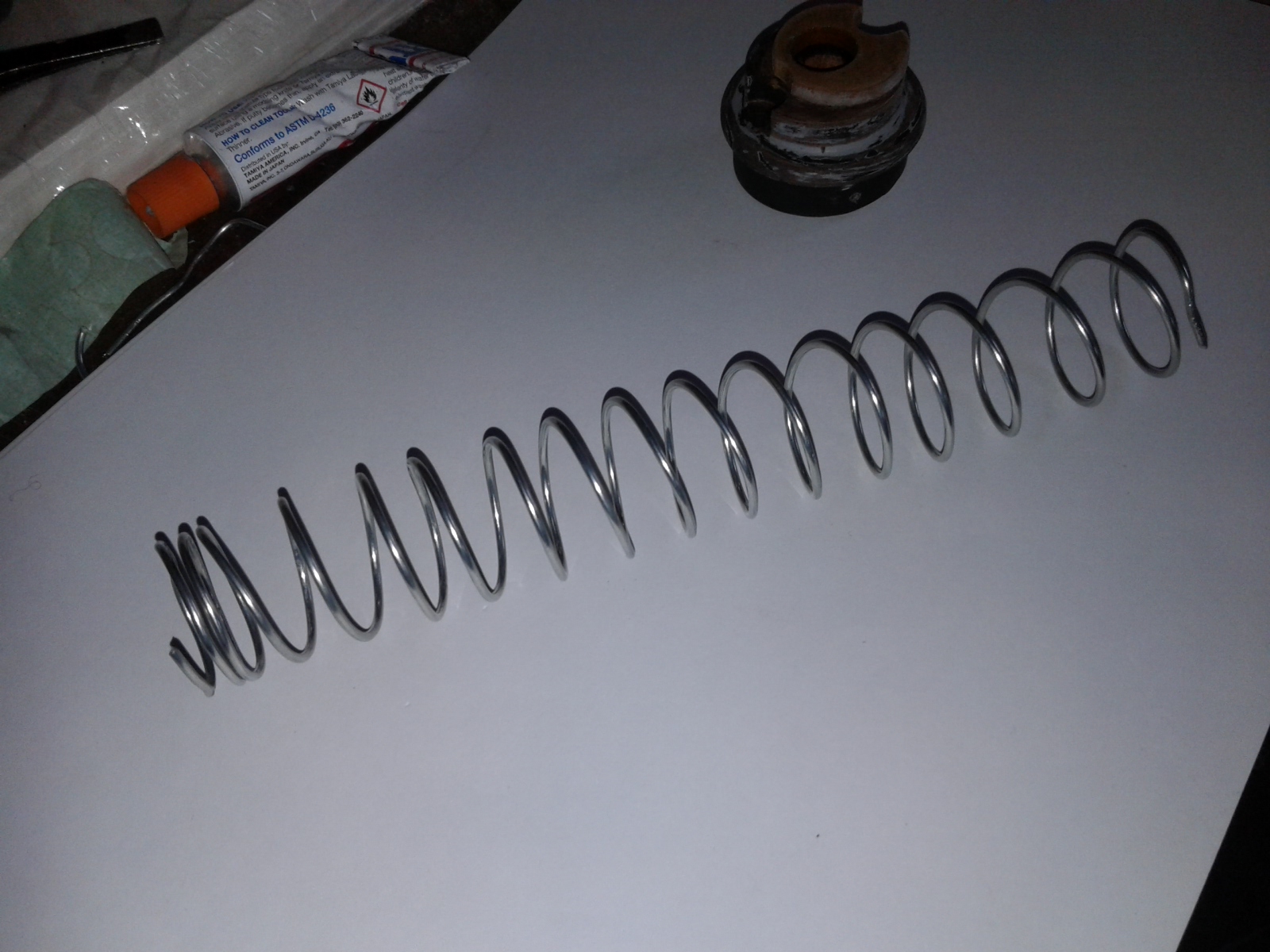 Made the spring by bending some 1.6g Tie-Wire round a piece of dowel and then spreading the coils the same distance apart.
